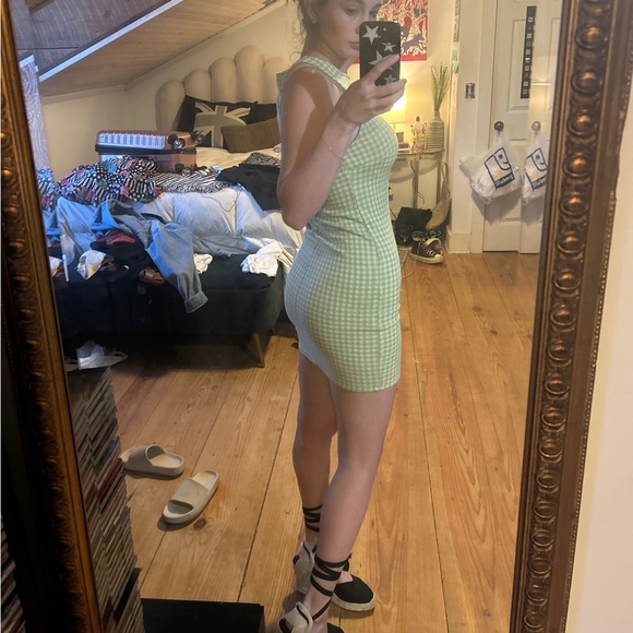 Green gingham checkered mini bodycon dress - Picture 2 of 6